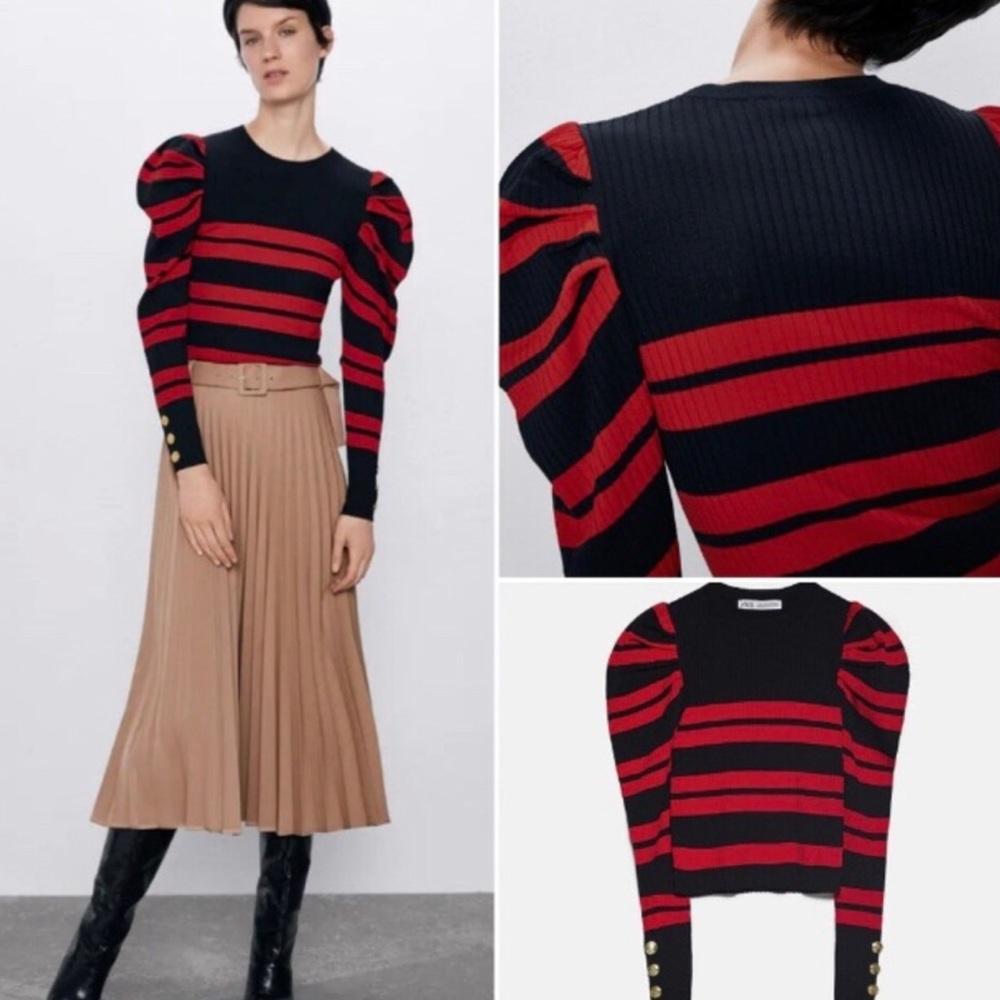 Zara Red and Black Striped Puff Sleeve Top